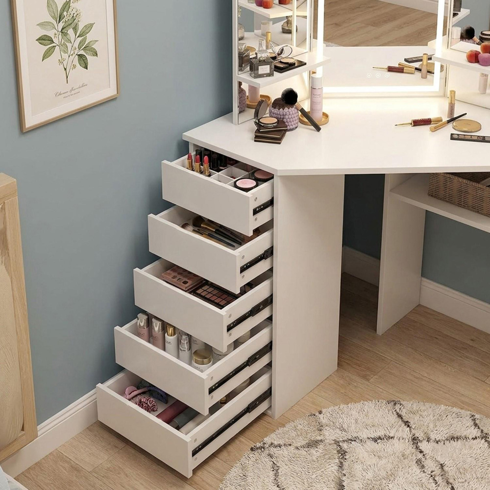 Portland 5 Drawer White Corner Dressing Table Set with Mirror Image 5