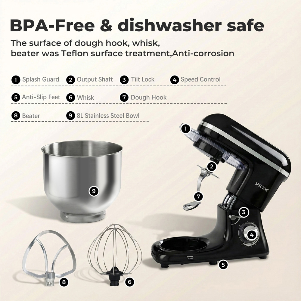 Spector MIX1001-8L-UK Stainless Steel Mixing Bowl Electric Food Stand Mixer 8L 1300W Image 7