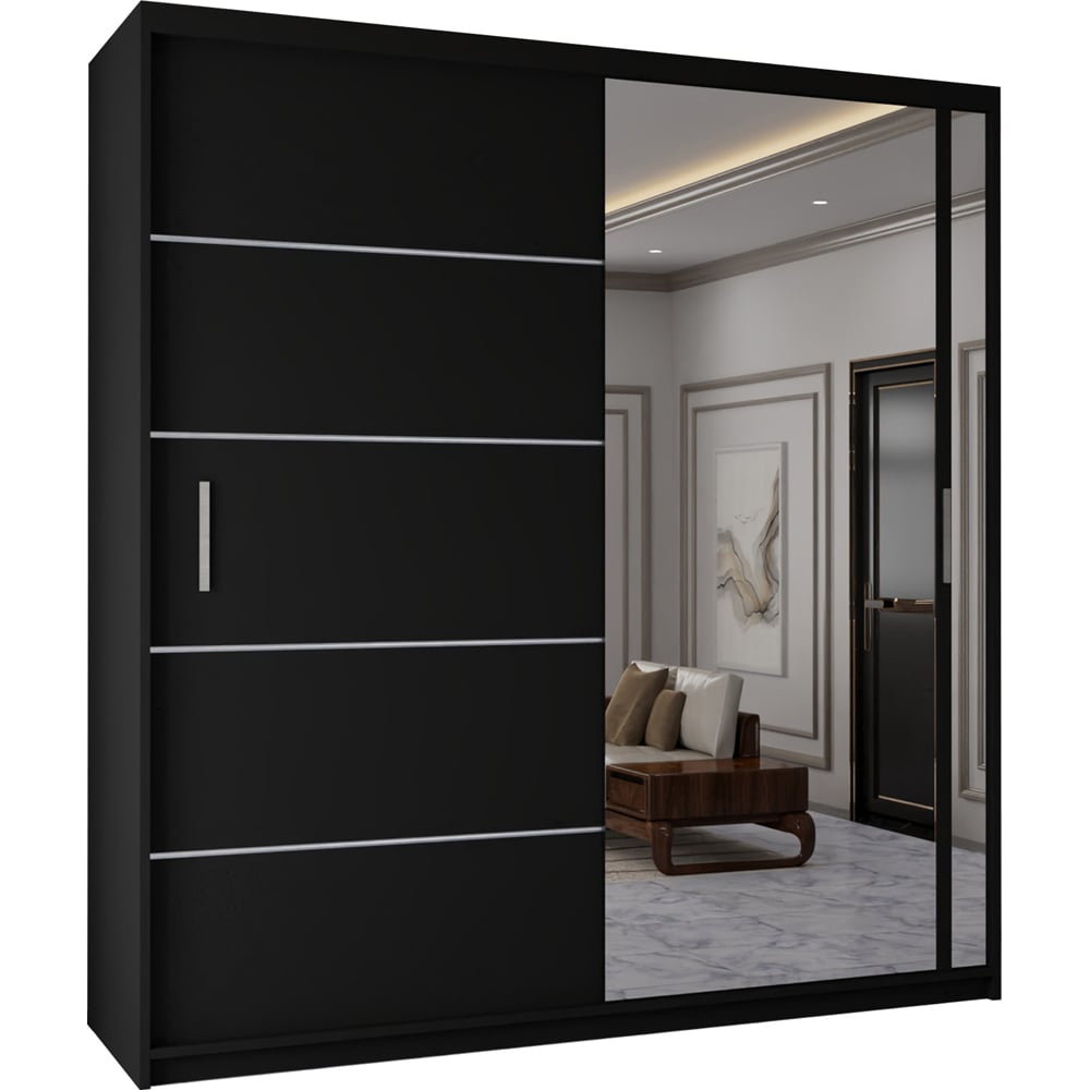 Sliding Wardrobes 4U 2 Sliding Door Black Modern Single Side Mirrored Wardrobe Image 2