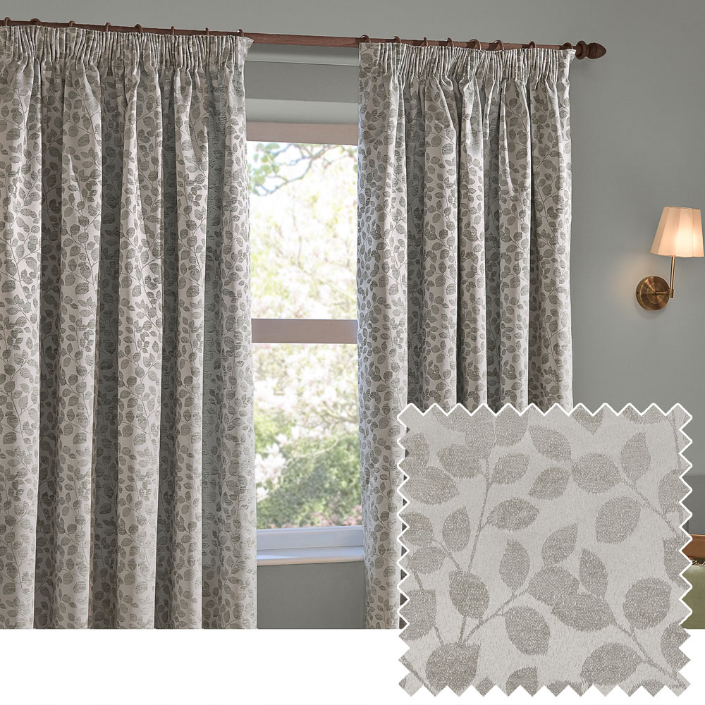Wylder Grace Leaf Mist Grey Jacquard Fully Lined Pencil Pleat Curtains 229 x 137cm Image 2