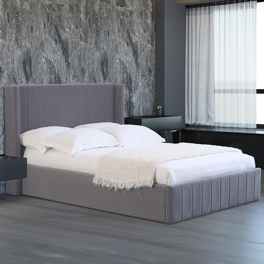 Maya Super King Grey Velvet Ottoman Storage Bed Frame Image 1