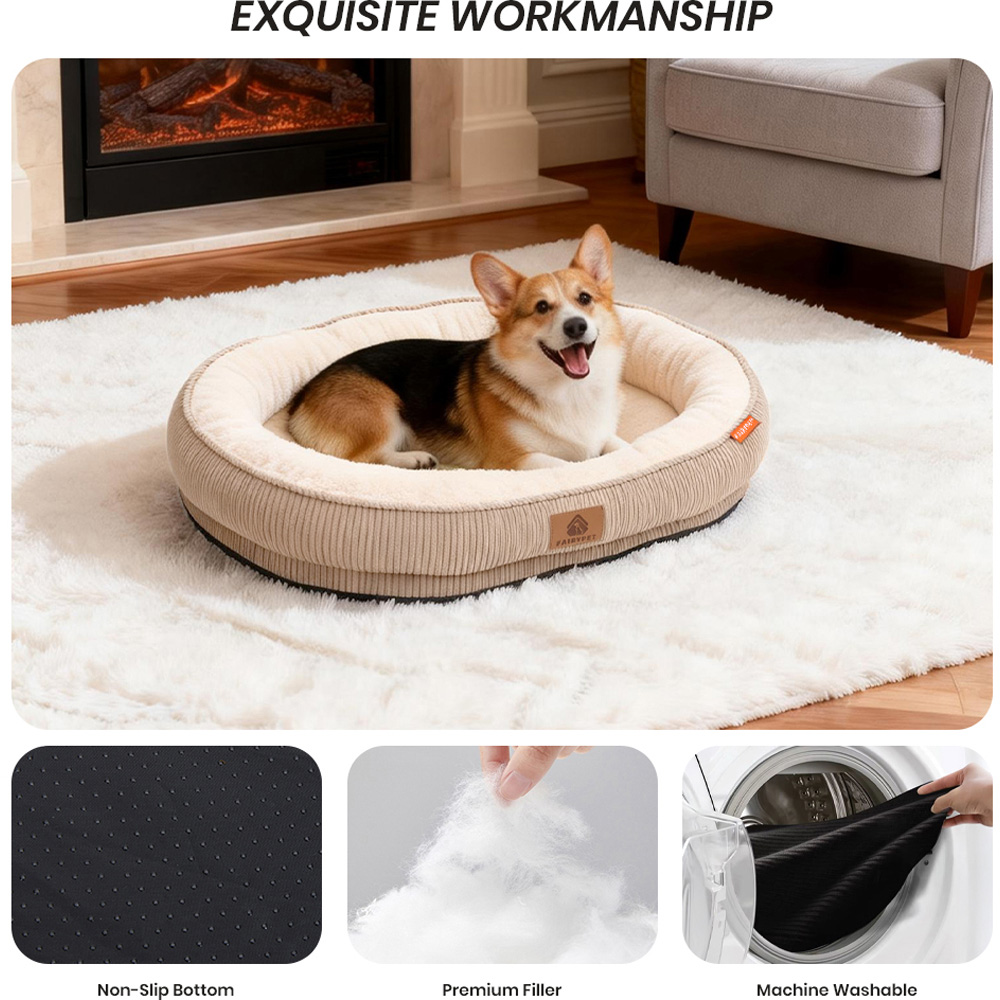 H&O Direct 50cm Brown Corduroy Dog Cuddle Bed with Anti-Slip Bottom Image 3