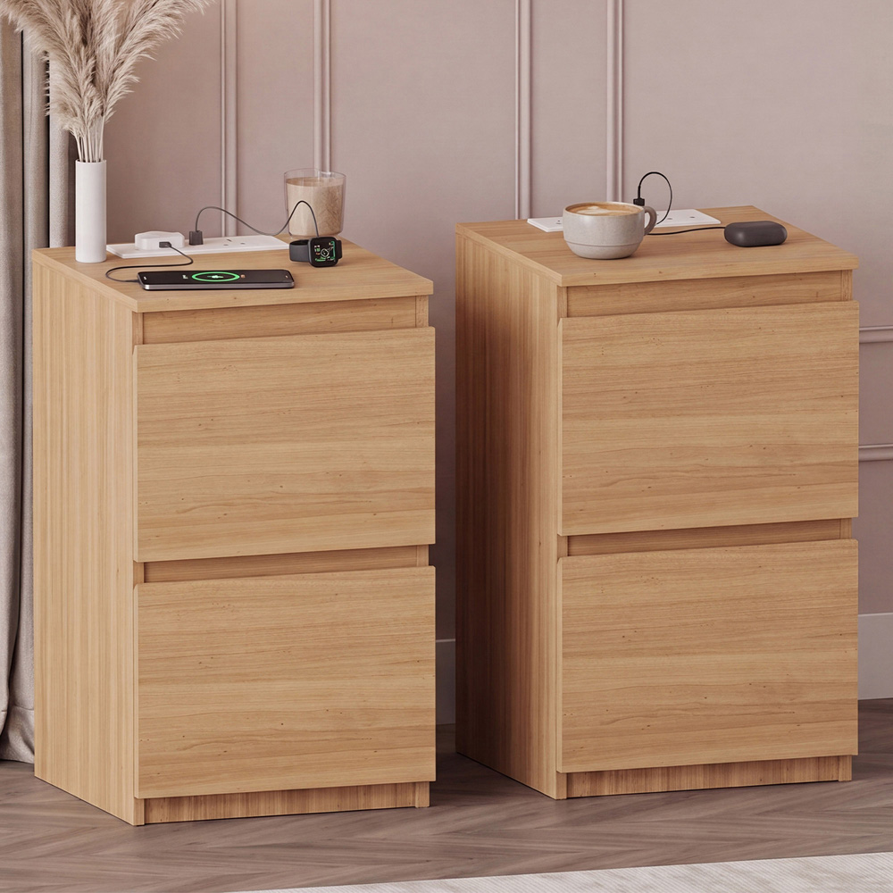 VIDA DESIGNS Denver 2 Drawer Pine Bedside Chest with Power Outlet Set of 2 Image 1