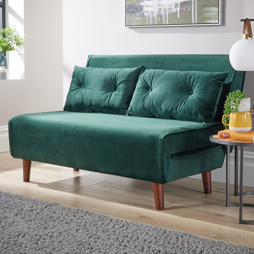 Home Source Morella 2 Seater Green Velvet Folding Sofa Bed with Pillow Image 1