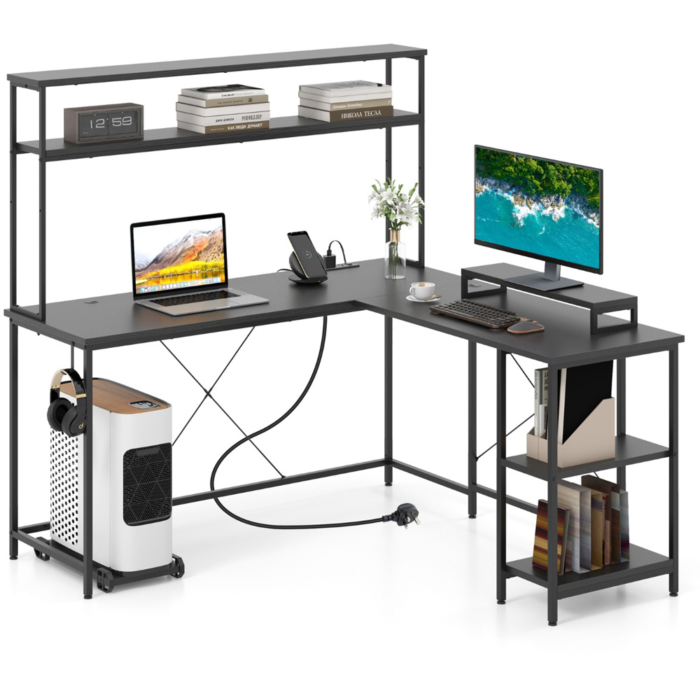 Costway L Shaped Computer Desk with LED Strip and Power Outlets Black Image 2