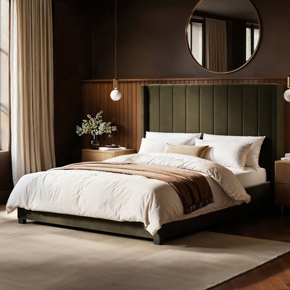 Flair Tiggy Double Khaki Velvet Ottoman Bed with Winged Headboard Image 1