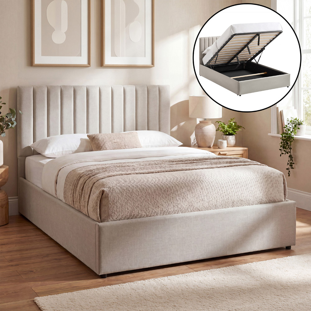 VIDA DESIGNS Vellaro Double Beige Linen Fabric Ottoman Bed with Headboard and Mattress Image 5