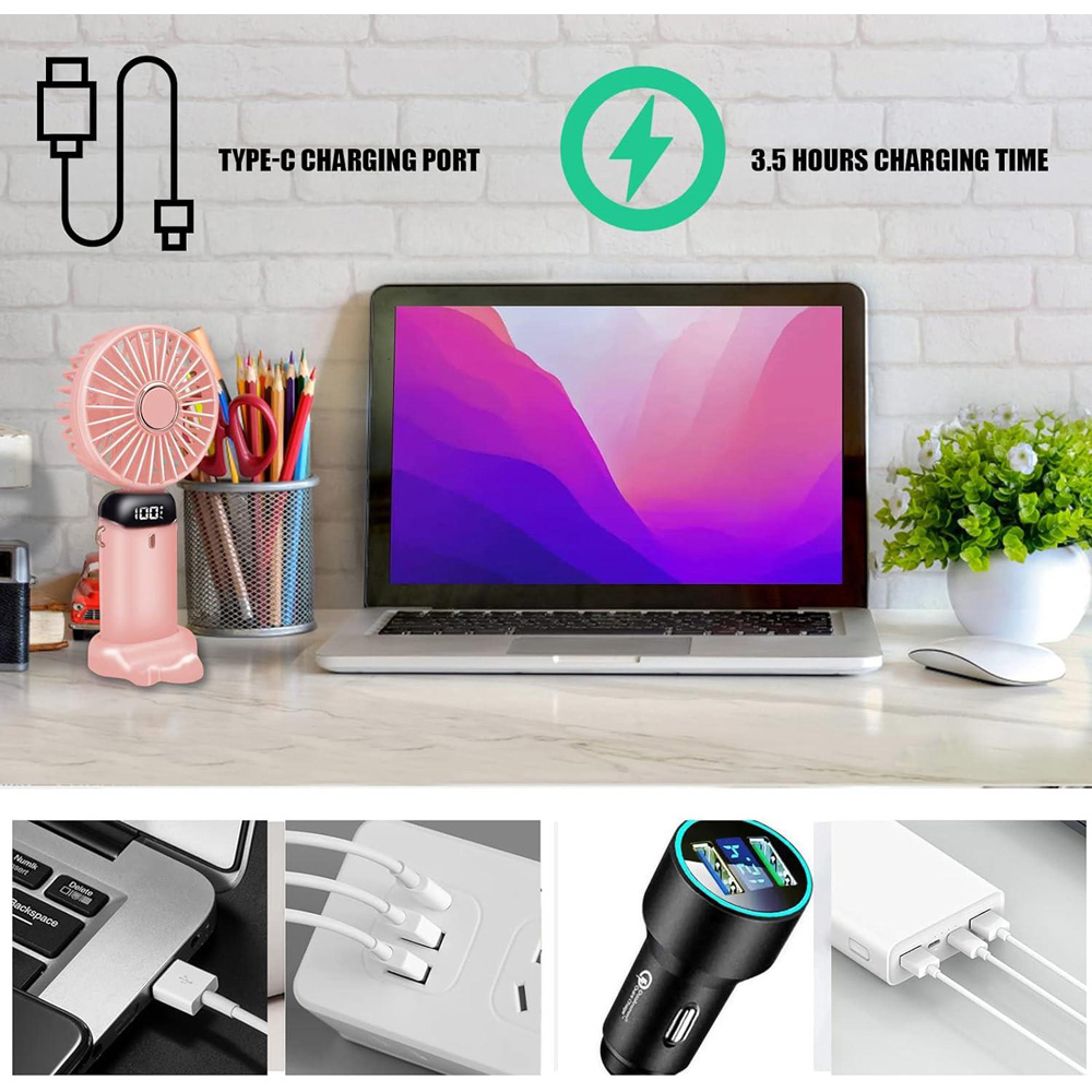 Dyzi USB C Rechargeable Pink Portable Travel Mini Handheld Desk Table Fan Image 4