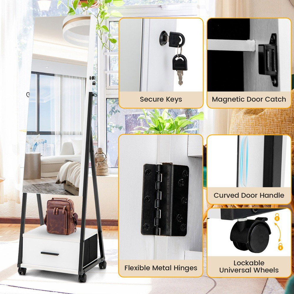 Costway White Lockable Mirrored Jewellery Cabinet Image 5