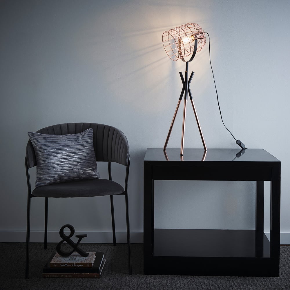 Kliving Fulton Copper and Black Industrial Metal Cage Tripod Table Lamp Image 3