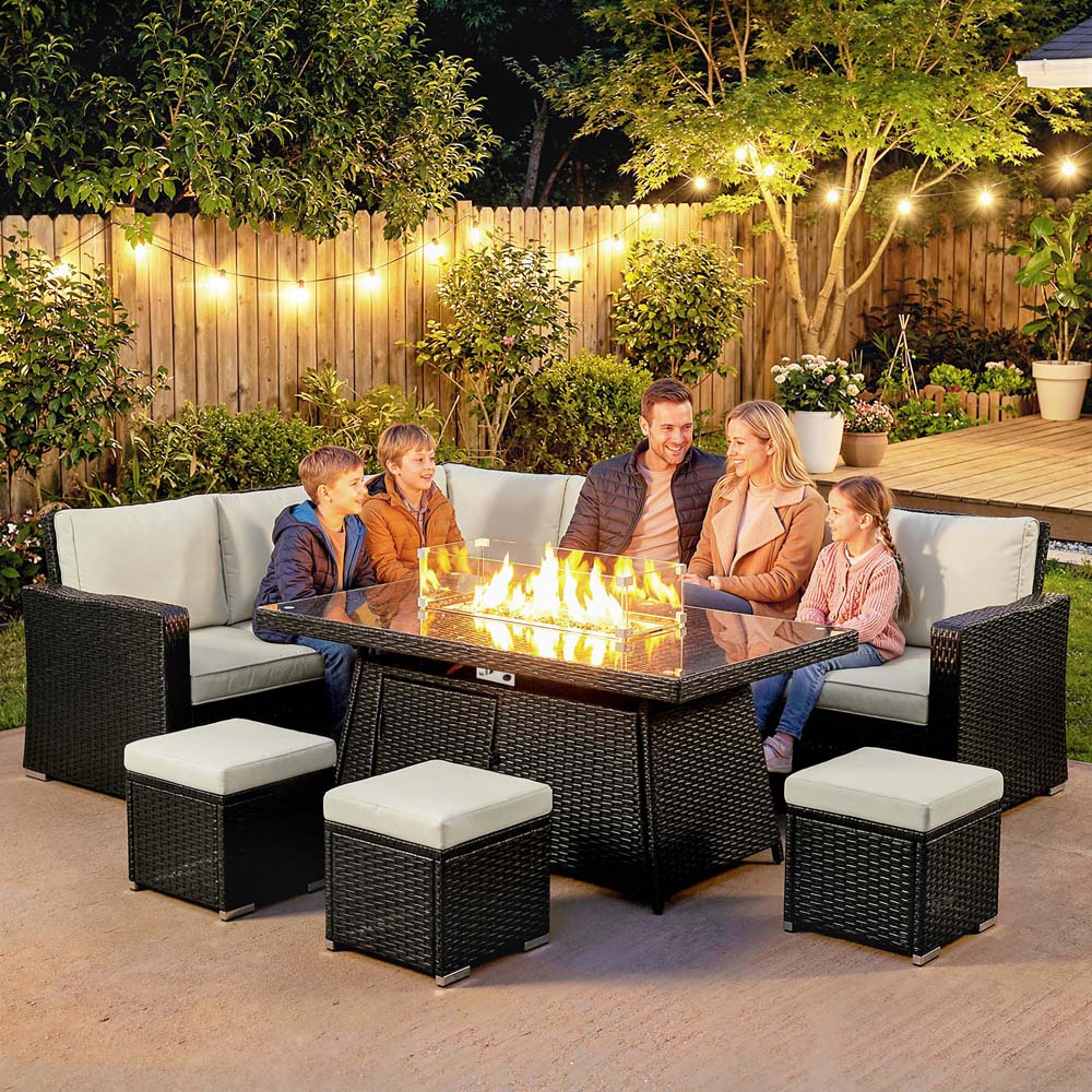 Outsunny 9 Seater White PE Rattan Garden Lounge Set with Fire Pit Table Image 4