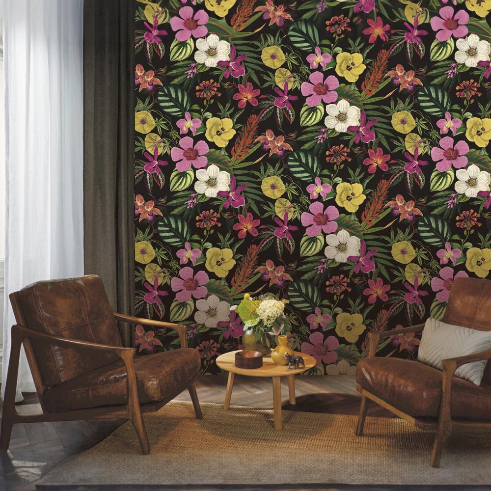Rasch Priya Floral Black and Magenta Wallpaper Image 2