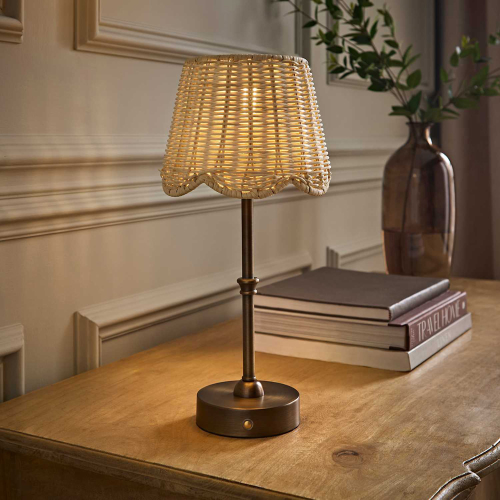ValueLights Lowe Natural Rattan Tapered Shade Brushed Brass Rechargeable Table Lamp with Bulb Image 6