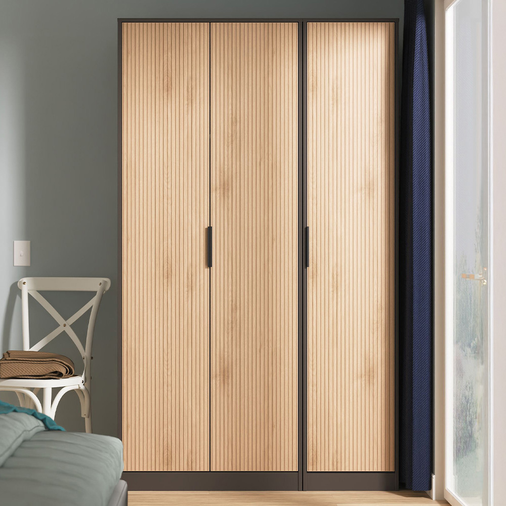 Crowndale Hong Kong 3 Door Slatt Effect and Graphite Tall Wardrobe Ready Assembled Image 1
