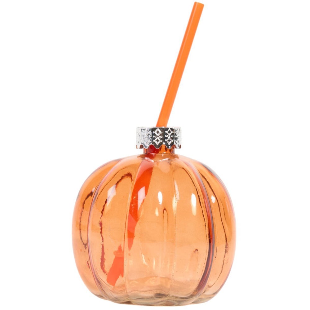 Pumpkin Shape Glass with Lid and Straw Image 2