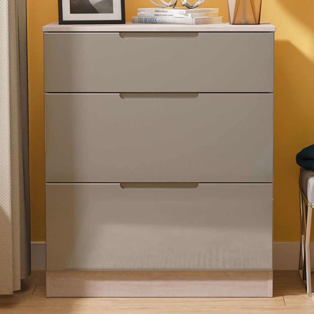 Crowndale Milan 3 Drawer Grey Gloss and Grey Oak Deep Chest of Drawers Ready Assembled Image 1
