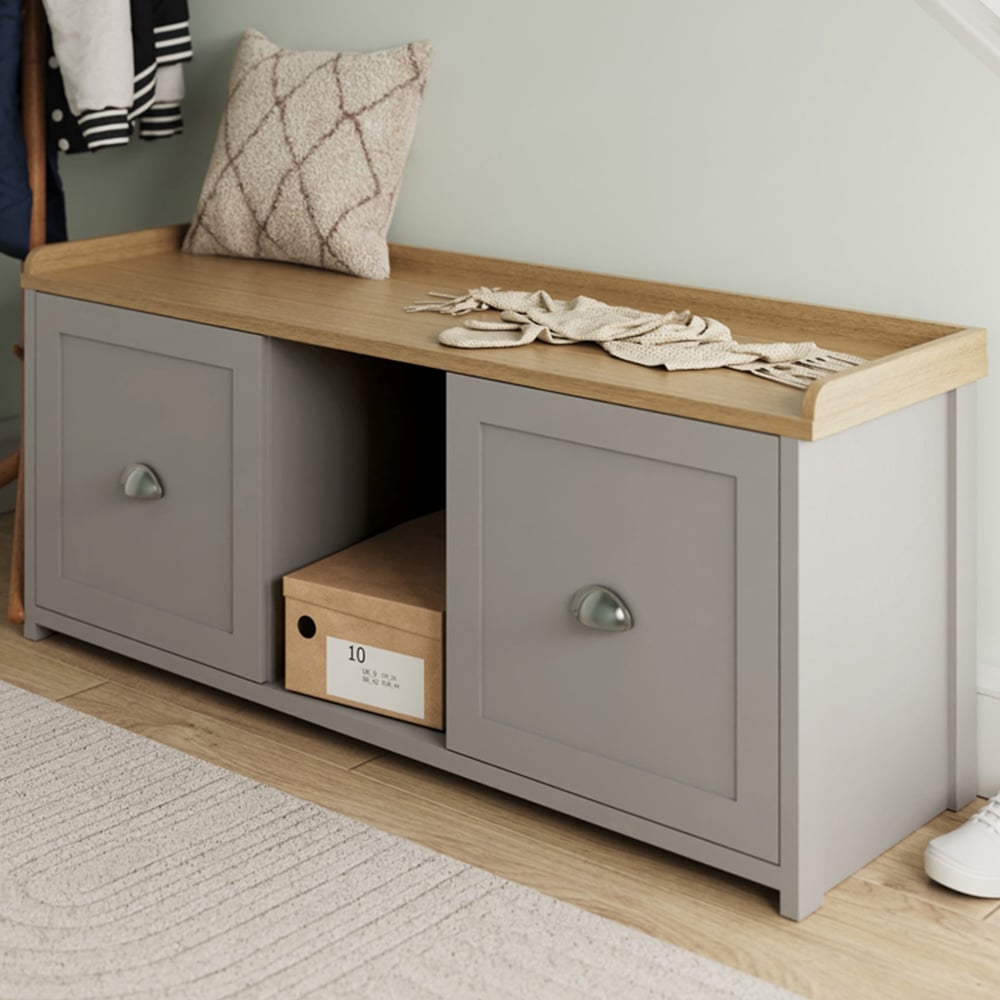 GFW Lancaster 2 Door Grey and Oak Shoe Bench Image 1