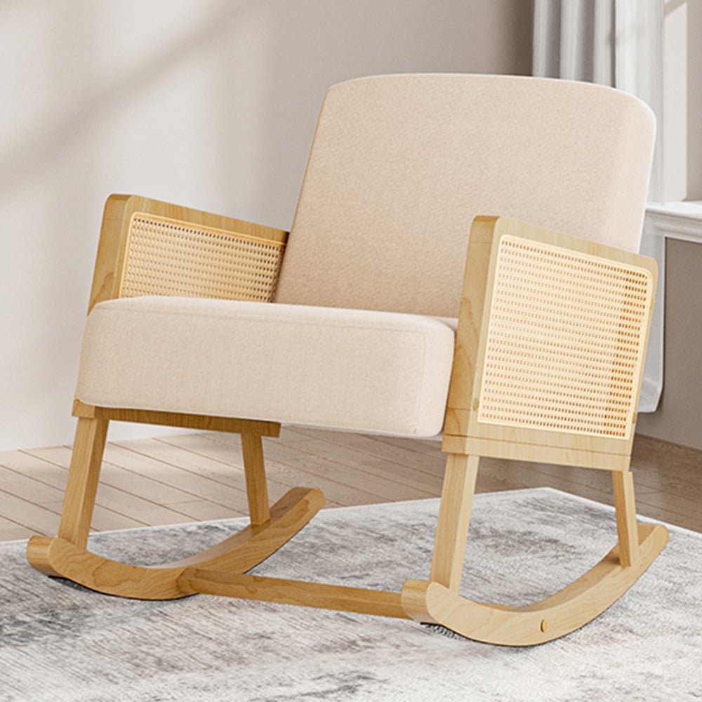 Living and Home Cream Linen Wooden Rocking Chair Image 1