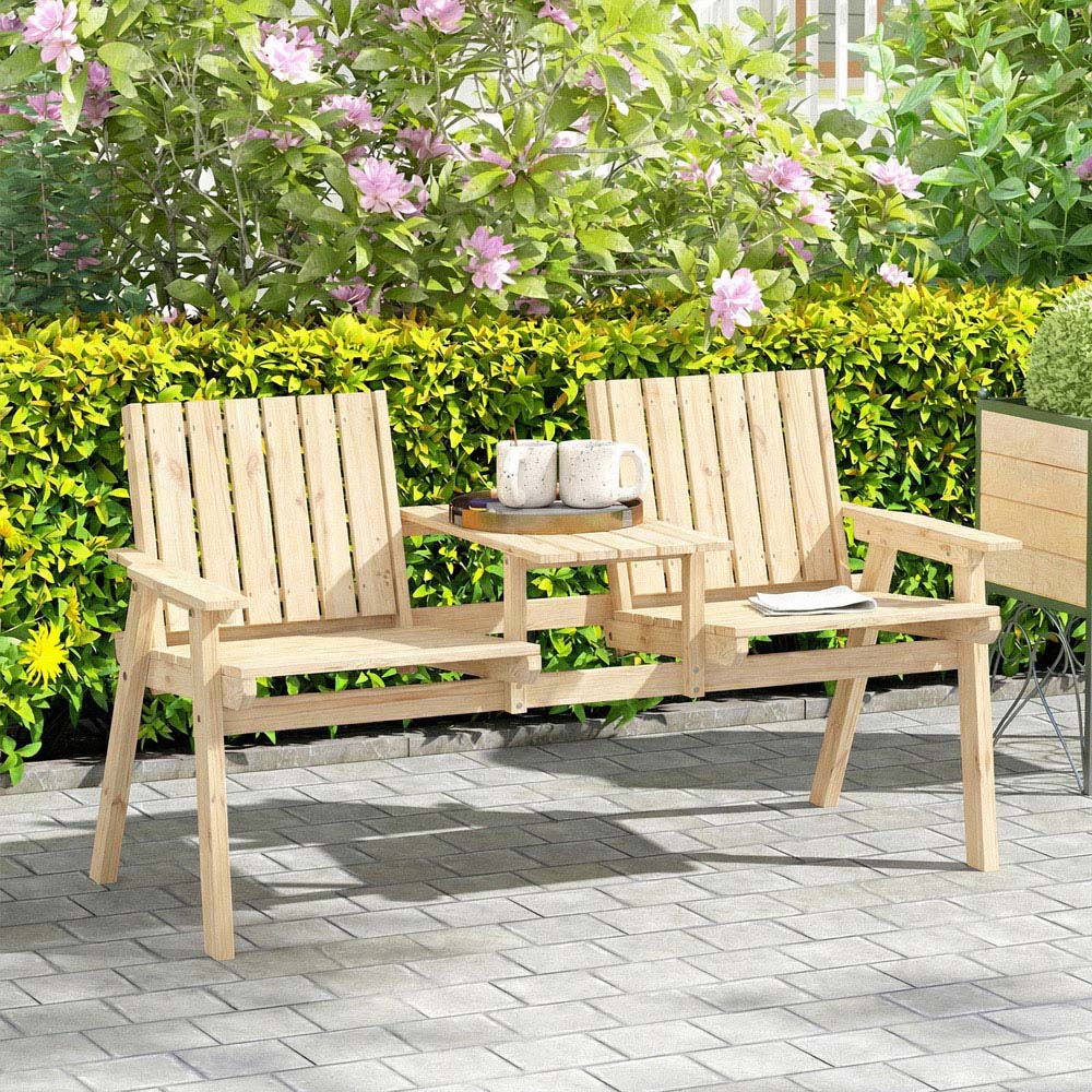 Outsunny 2 Seater Natural Wooden Garden Loveseat with Centre Table and Parasol Hole Image 7