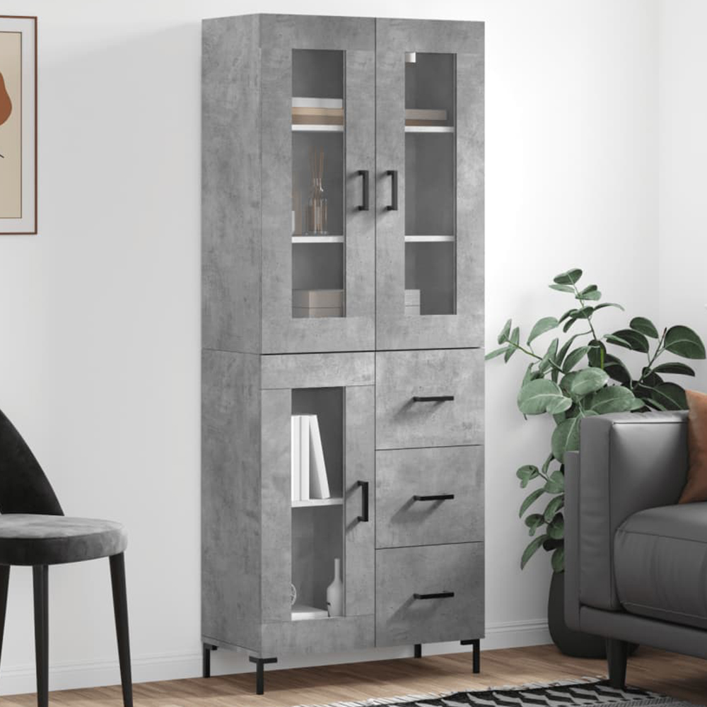 vidaXL 3 Glass Door 3 Drawer Concrete Grey Highboard Image 1