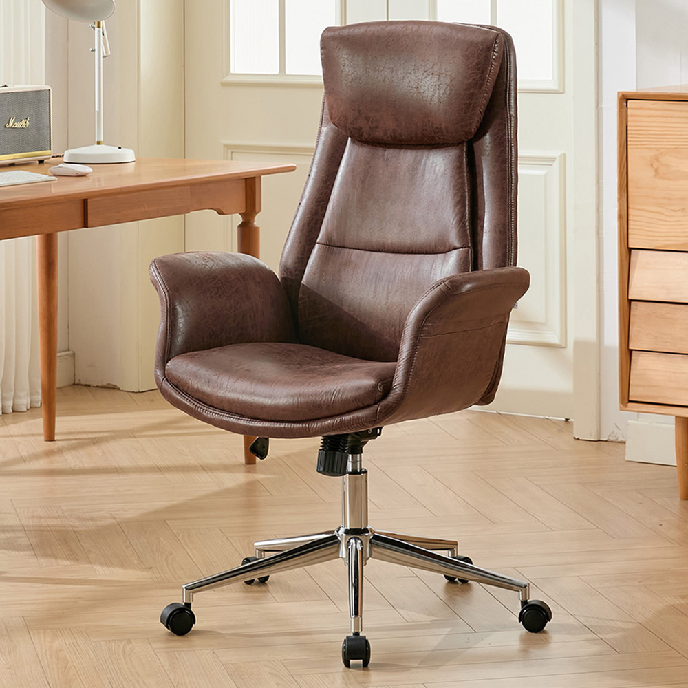 Living and Home Brown PU Leather Height Adjustable High-Back Swivel Office Chair with Headrest Image 1