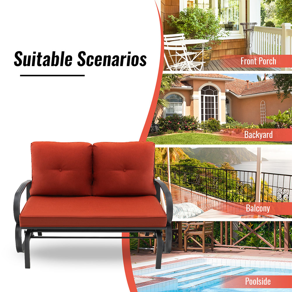 Costway 2 Seater Brick Red Outdoor Glider Bench with Cushions Image 5