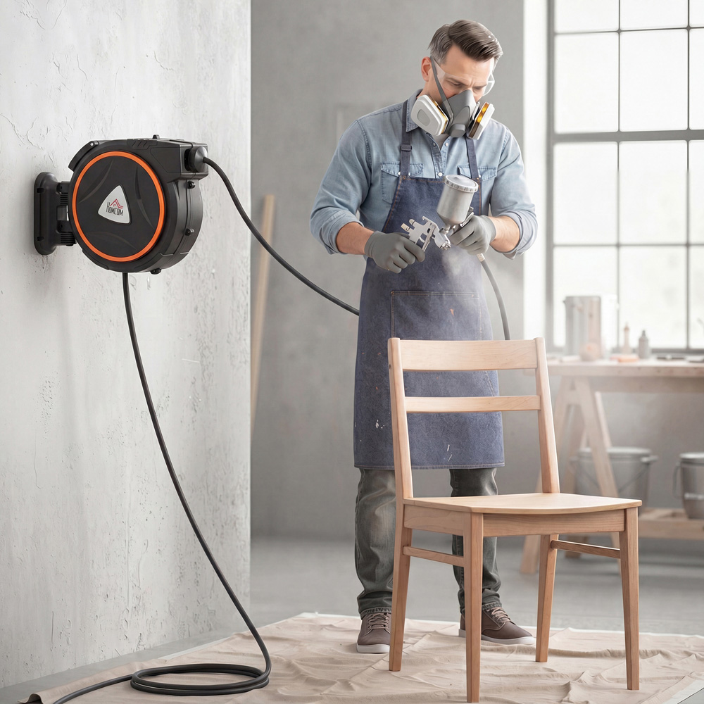 HOMCOM 15m Black Wall-Mounted Auto Rewind Hose Reel with Swivel Bracket Image 4