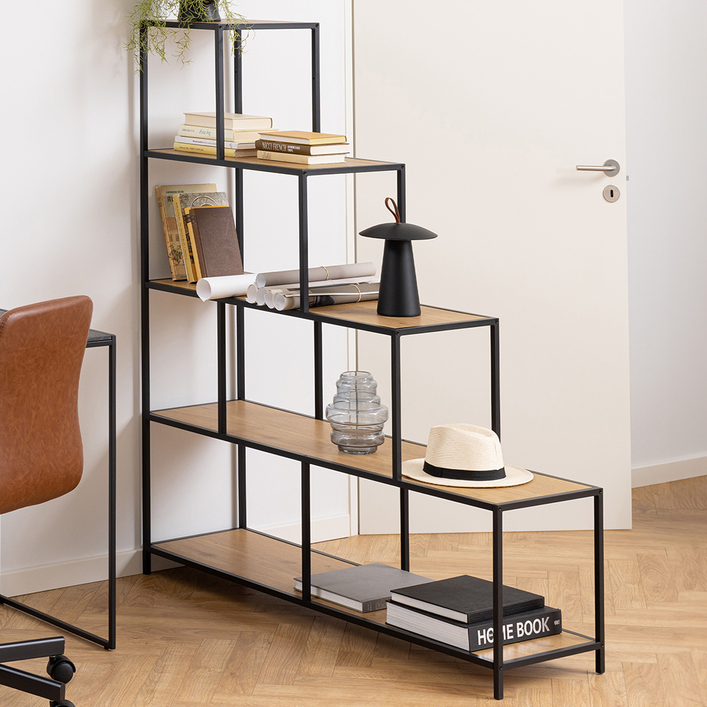 Florence Seaford 4 Shelf Black and Oak Bookcase Image 1