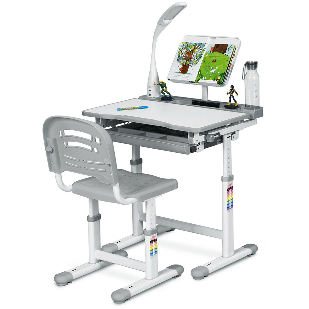 Costway Grey Height Adjustable Kids Desk and Chair Set with Lamp Image 3