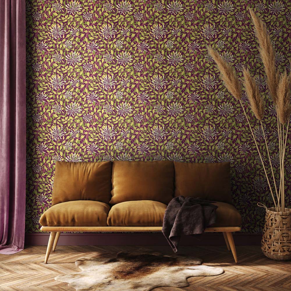 Hoopla Walls Honeysuckle Leaf Trail Aubergine Non Woven Wallpaper Image 2