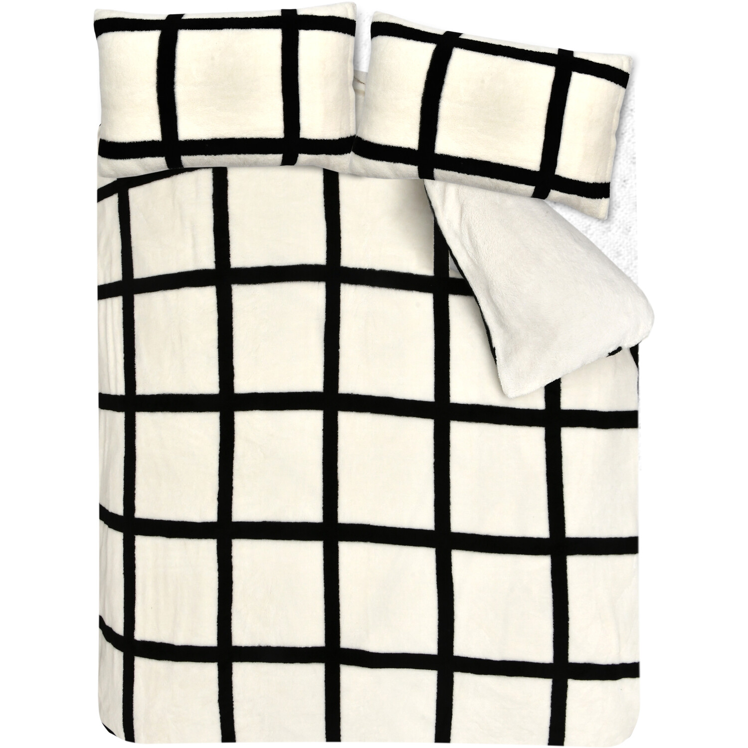Large Grid Check Teddy Duvet Cover and Pillowcase Set - Natural / King Image 3