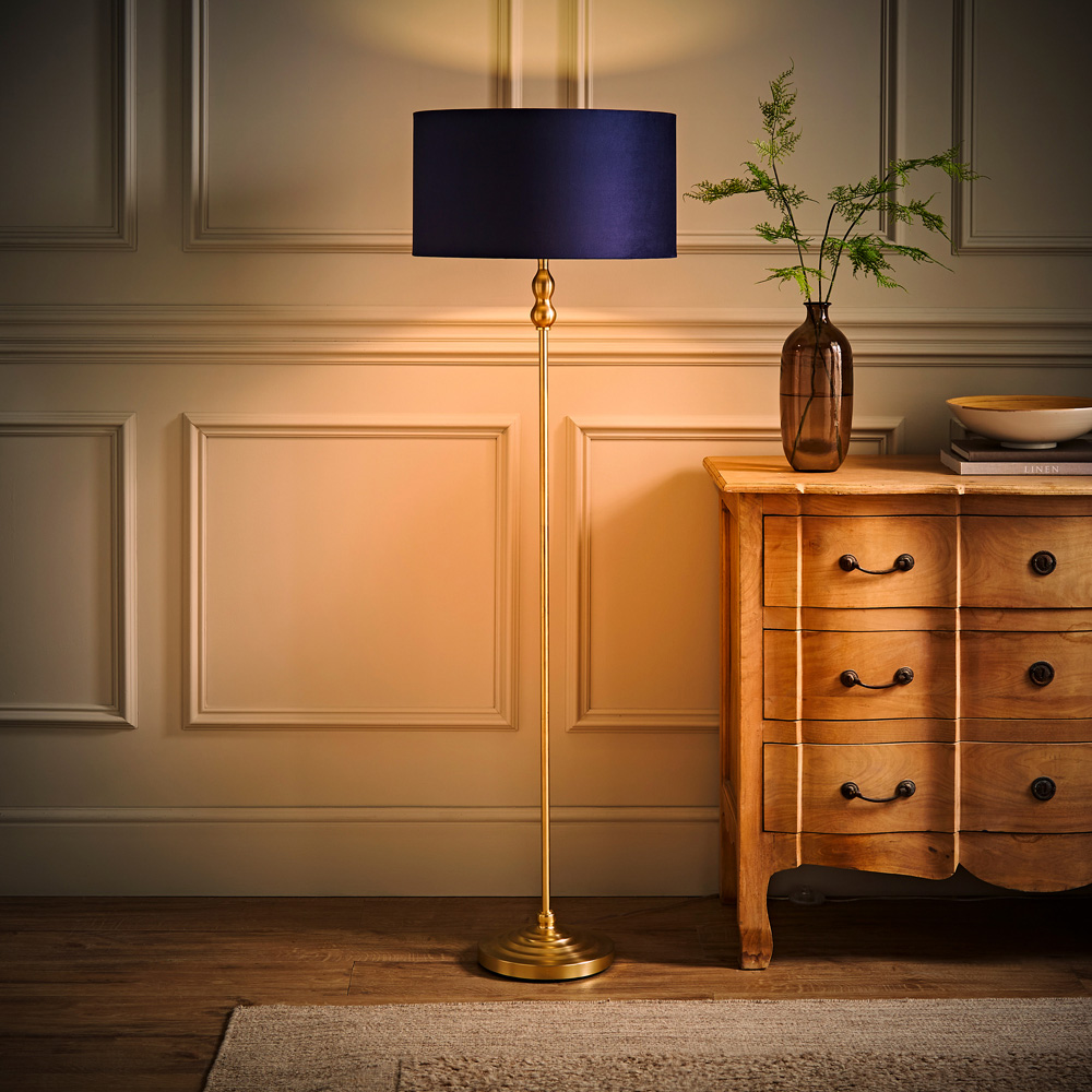 ValueLights Maggie Navy Blue Velvet and Gold Drum Shade Candlestick LED Floor Lamp Image 6