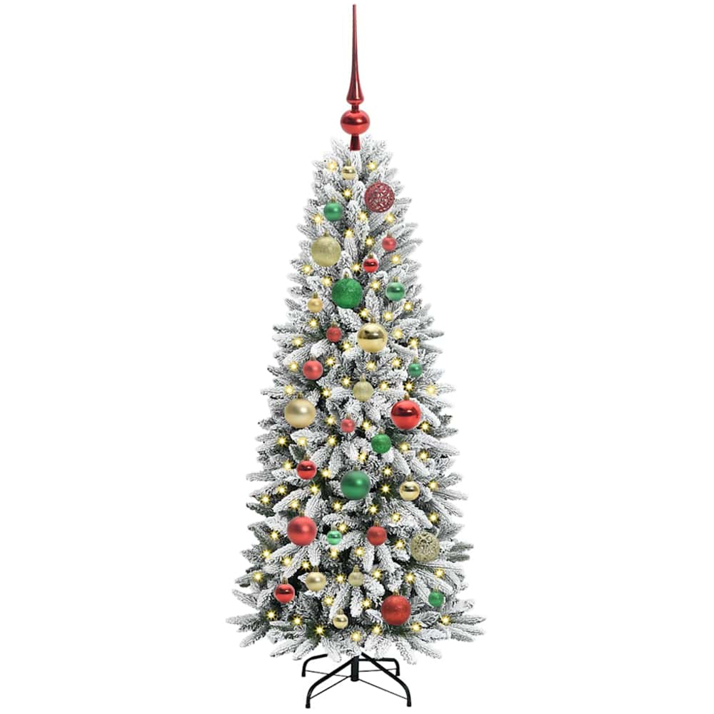 vidaXL Pre-Lit Multicolour Baubles Artificial Snow Flocked Christmas Tree 4ft Image 1