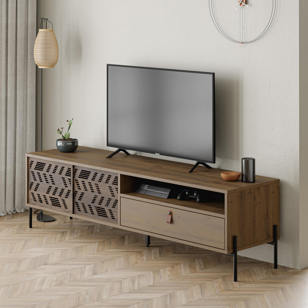Decortie Dionysos 2 Door Single Drawer Single Shelf Dark Oak Effect TV Stand Image 1