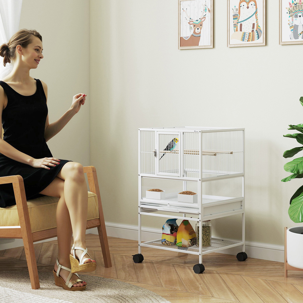 PawHut Large White Acrylic Bird Cage with Rolling Stand and Viewing Panel Image 2