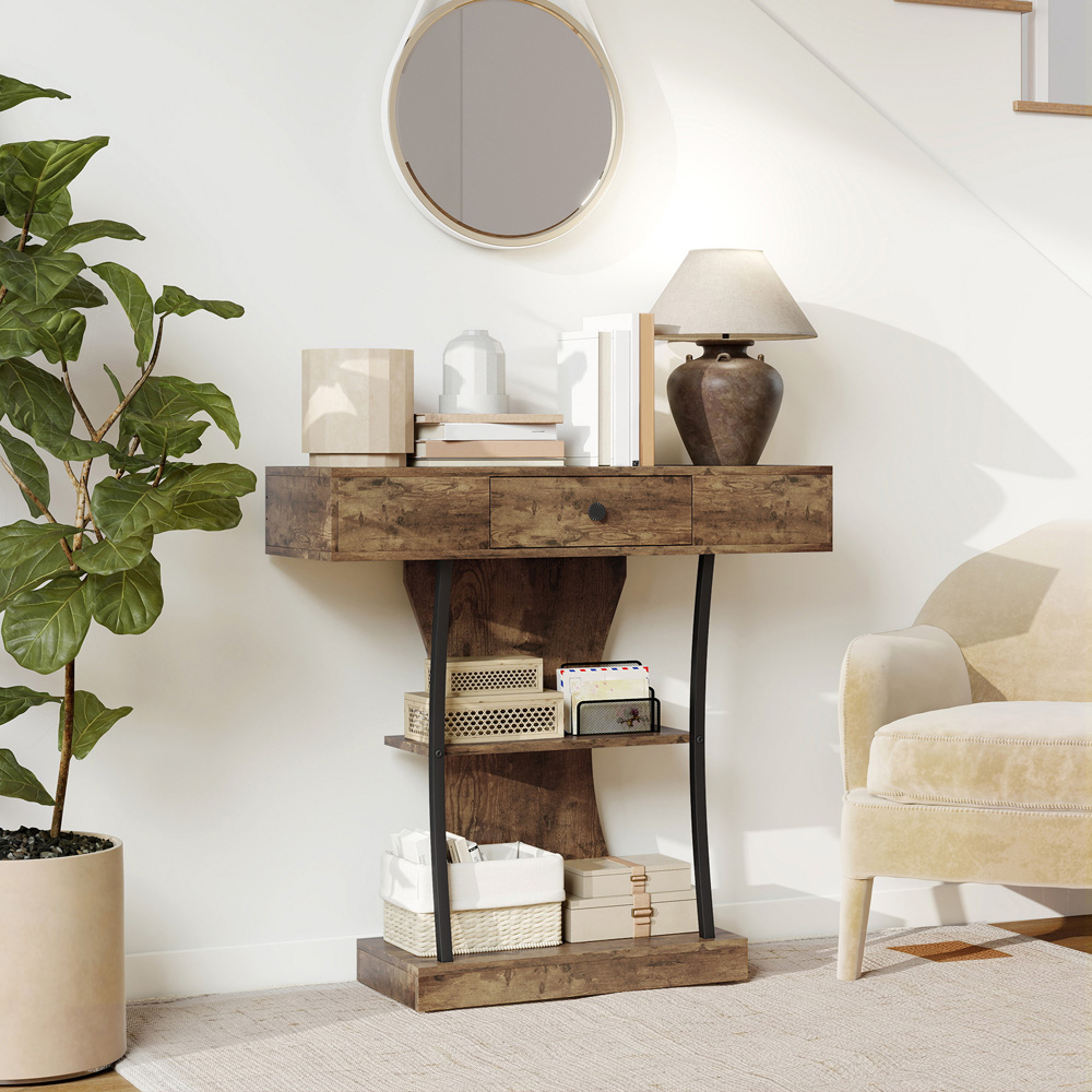 Portland Single Drawer 2 Shelf Rustic Brown Console Table Image 3