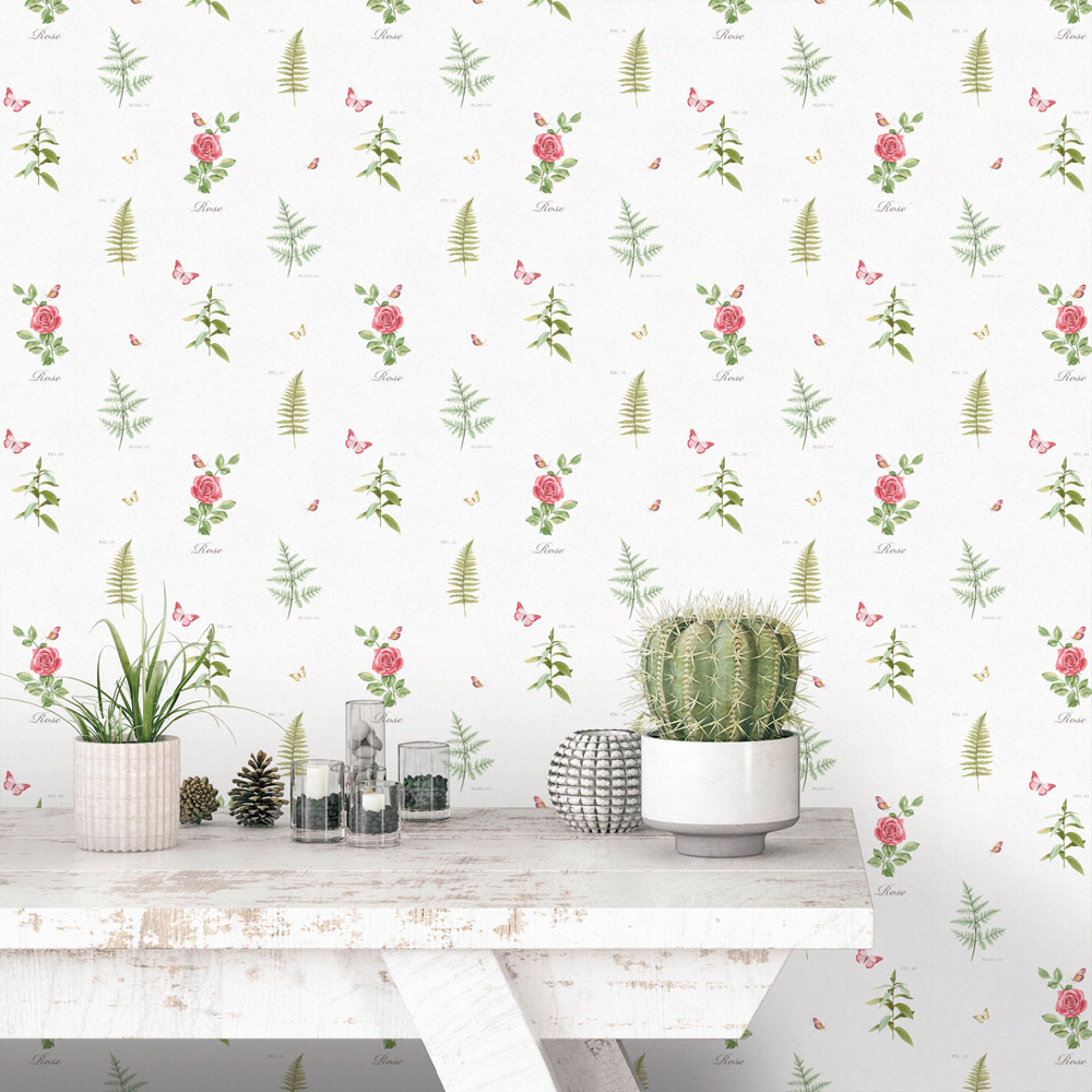 Galerie Country Cottage Roses and Leaves Green and Red Wallpaper Image 2
