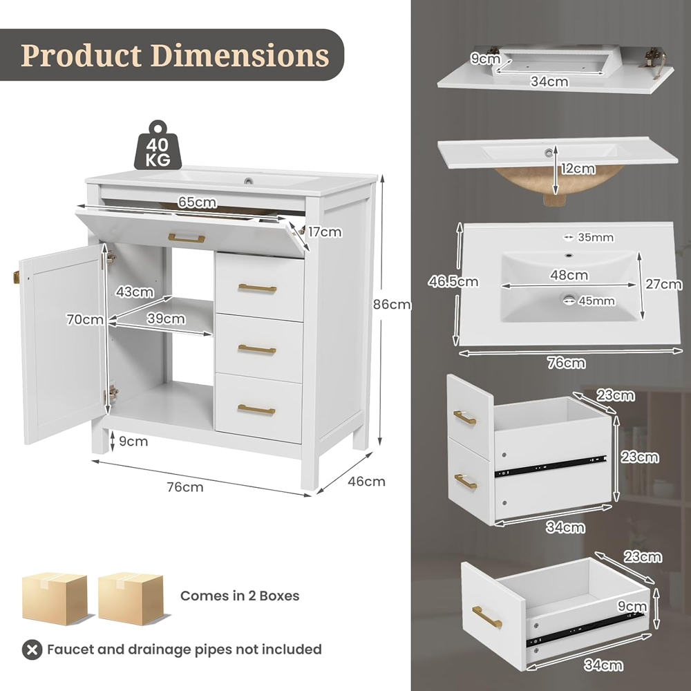 Costway Single Door 3 Shelf White Vanity Table and Sink Set Image 4