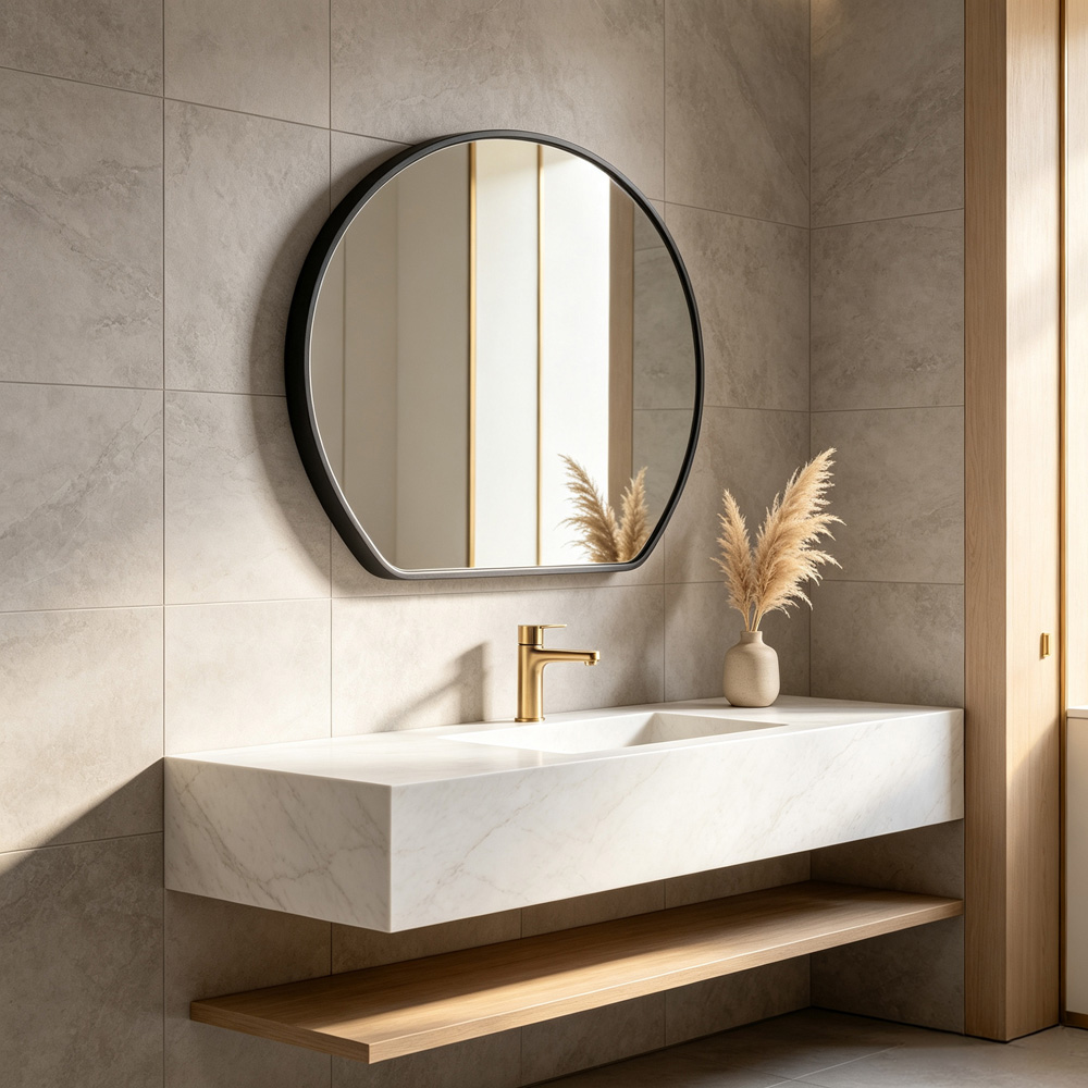 Living and Home Black Rounded Aluminium Framed HD Float Glass Bathroom Mirror 50 x 42cm Image 2