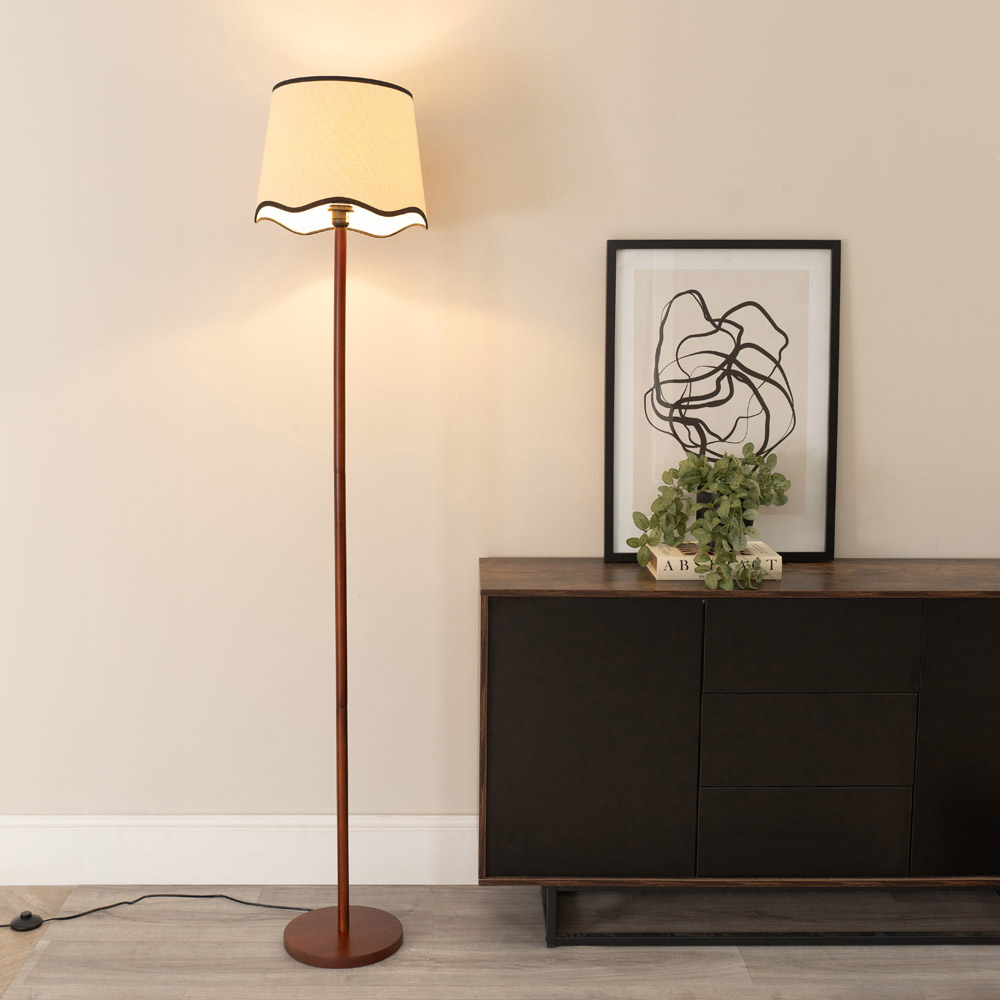 ValueLights Heather Scallop Black Trim Shade Dark Wood Stem LED Floor Lamp Image 2