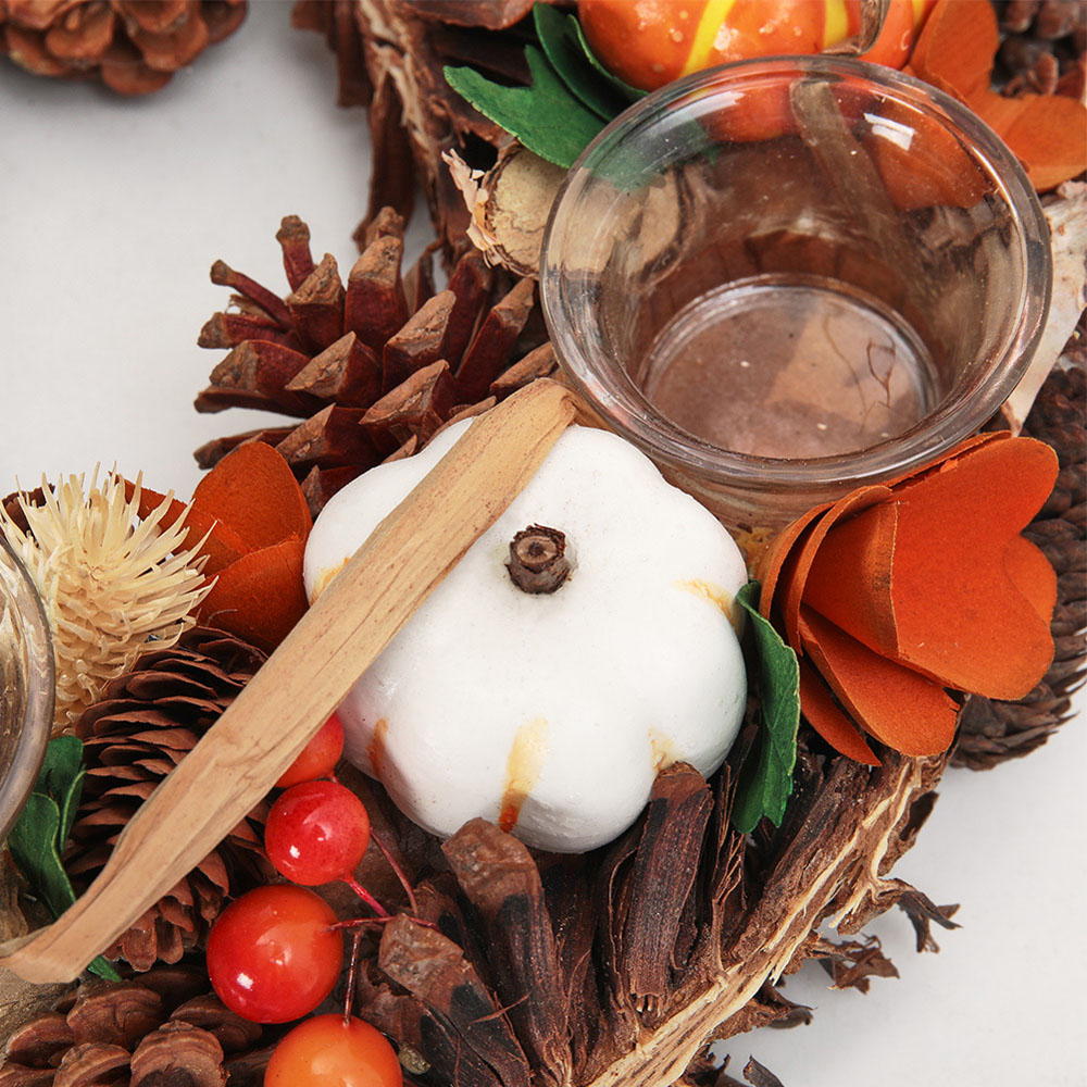Living and Home Wreath Candle Holder with Maple Cone Berries and Pumpkins 30cm Image 4