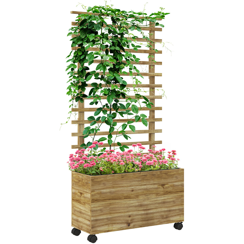 Outsunny Natural Wooden Raised Garden Bed Planter with Trellis and 4 Wheels 155 x 30 x 76cm Image 1