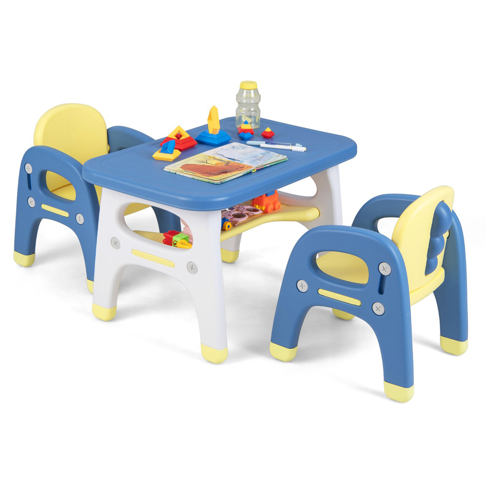 Costway 2 Seater Blue Kids Table and Chair Set with Shelf and Building Blocks Image 2