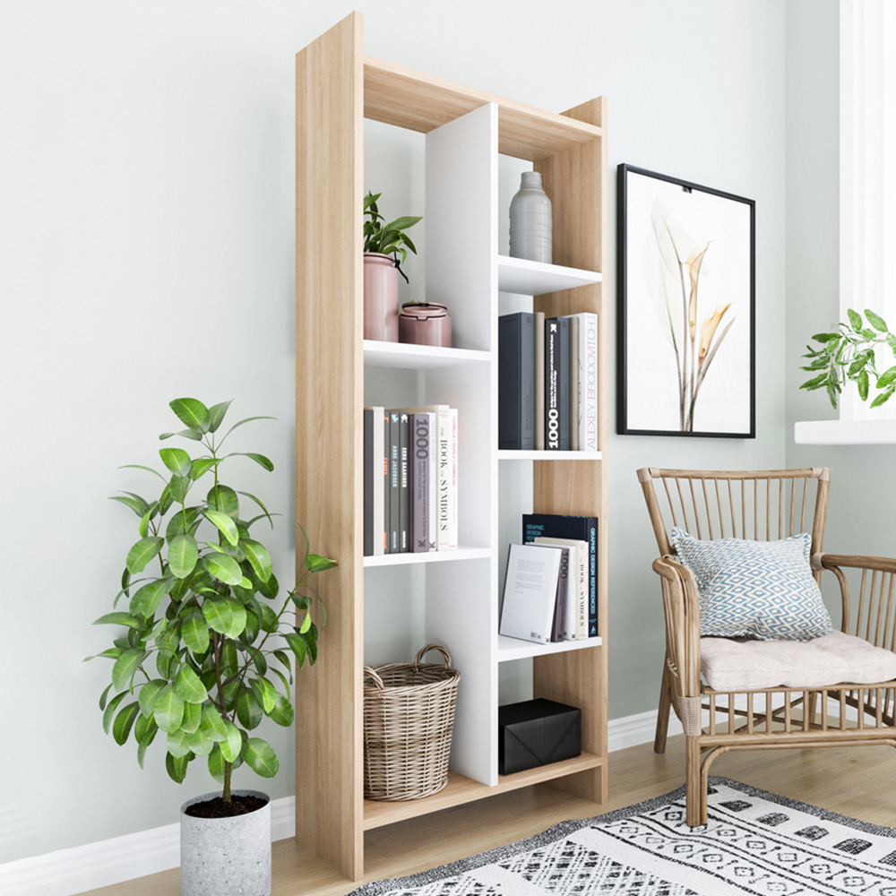 Decorotika Eden 7 Shelf Oak and White Freestanding Bookcase Image 1