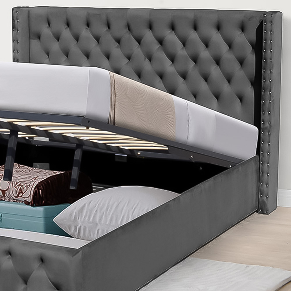 Brooklyn Double Dark Grey Plush Velvet Ottoman Bed with Winged Headboard Image 2