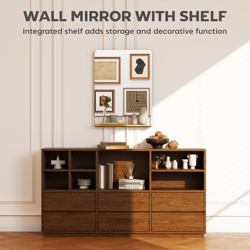 Portland Black Metal Frame Industrial Wall Mirror with Wood Shelf 80 x 60cm Image 7