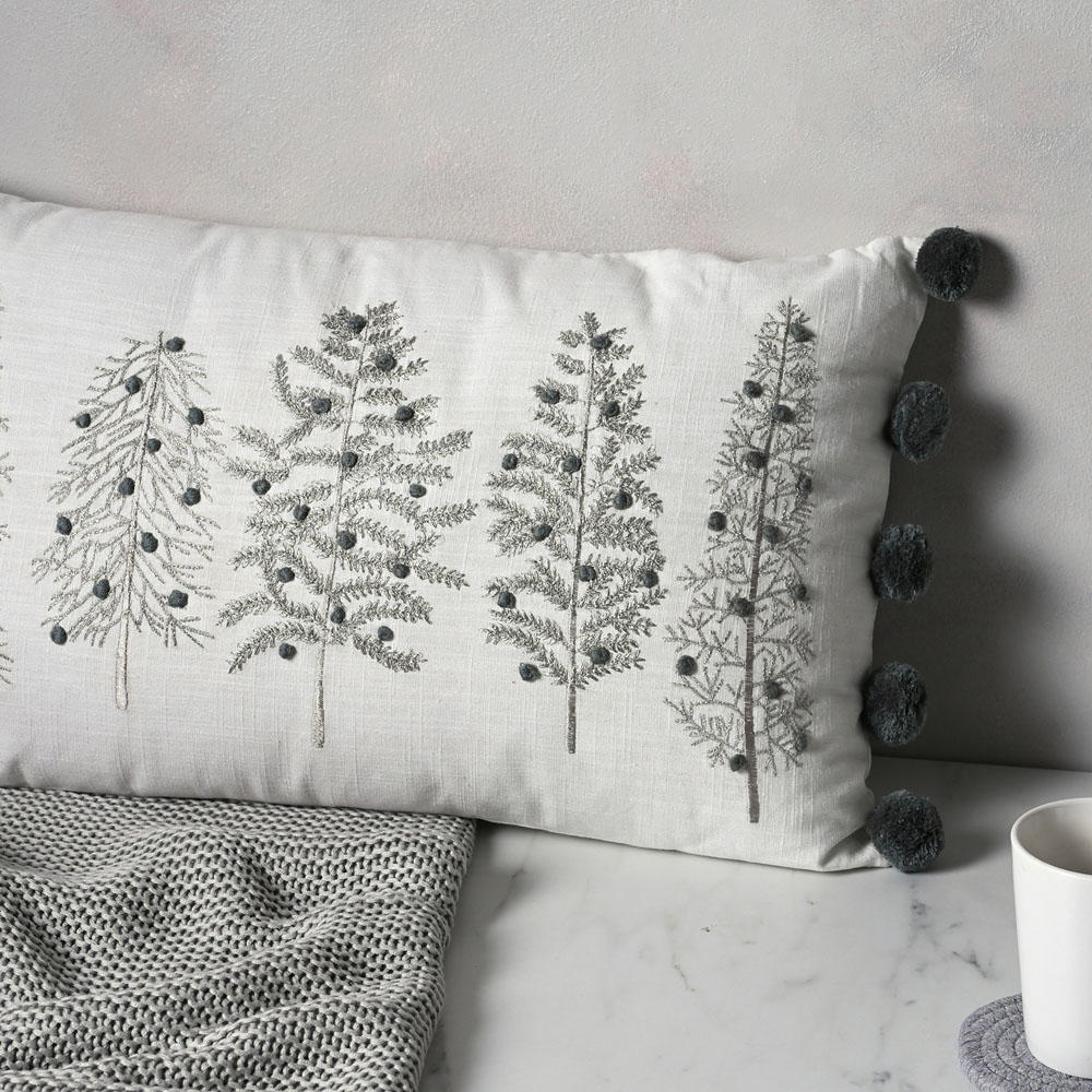 The Christmas Gift Co White Rectangle Tree Cushion with Pom Poms Image 2