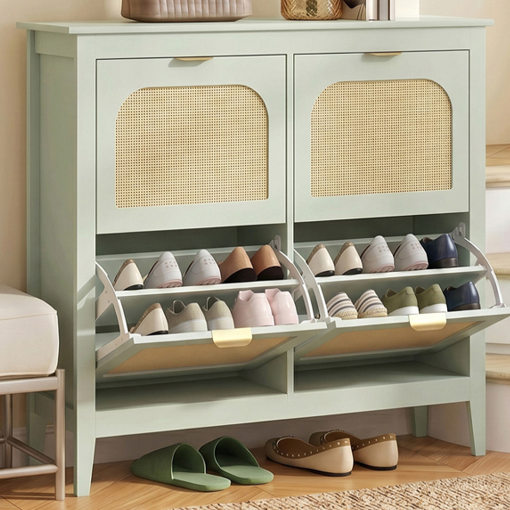 HOMCOM 4 Flip Door Green Rattan Boho-Style Slim Shoe Cabinet Image 1