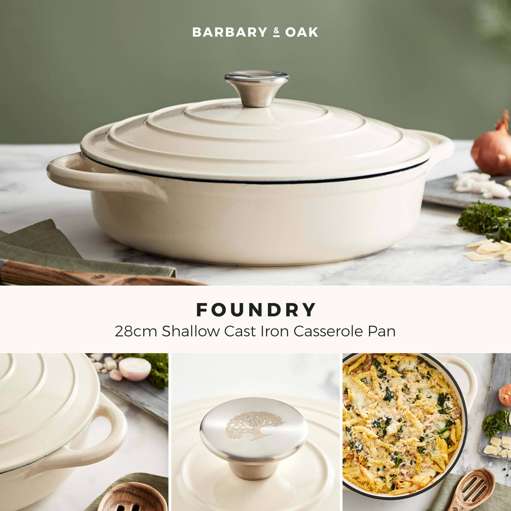 Barbary & Oak 28cm Camembert Cream Cast Iron Shallow Casserole Dish with Domed Lid Image 2
