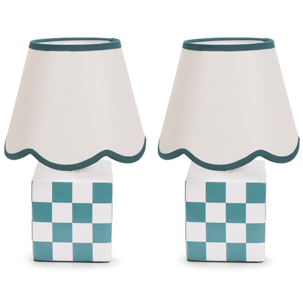 ValueLights Evie Set of 2 Sage Green Trim Linen Scallop Shade Cube Checkered Ceramic LED Table Lamp Image 1